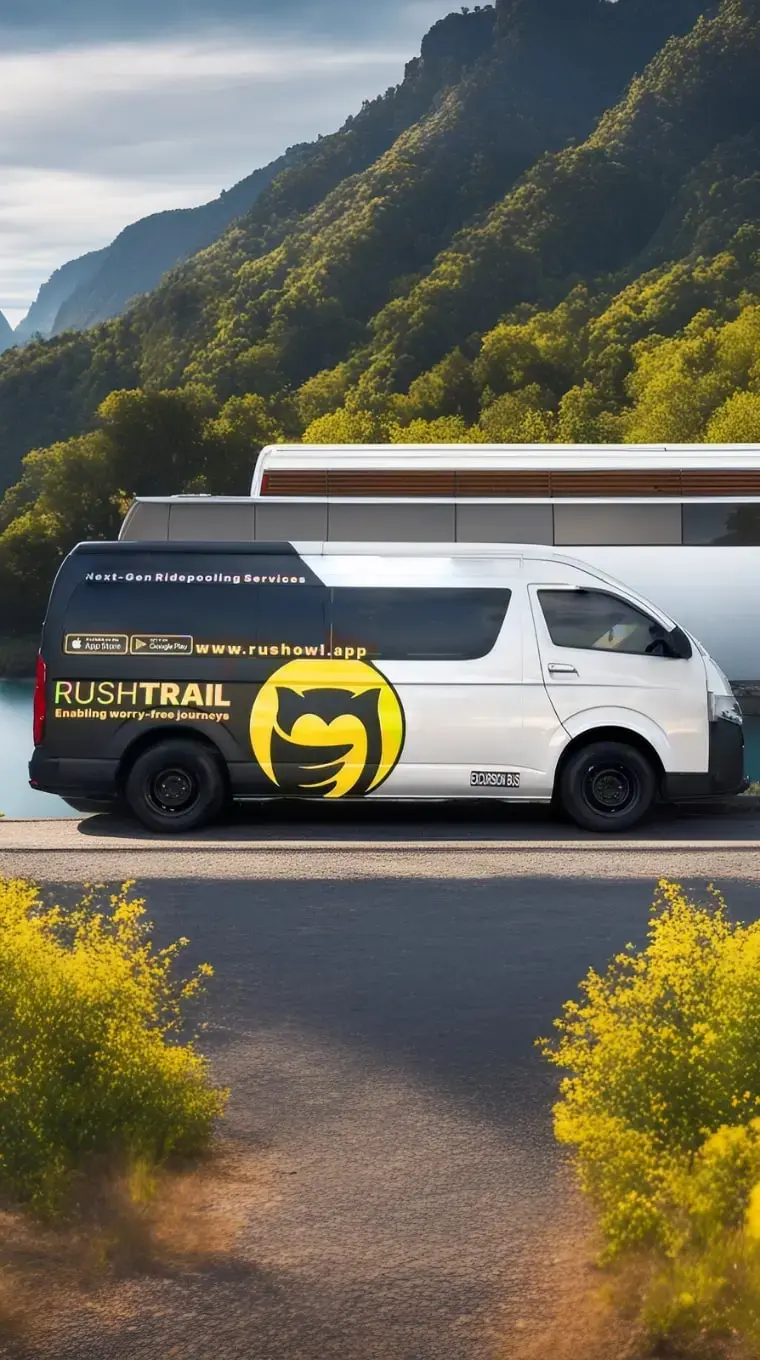 A RushTrail-branded shuttle bus at a roadside stop