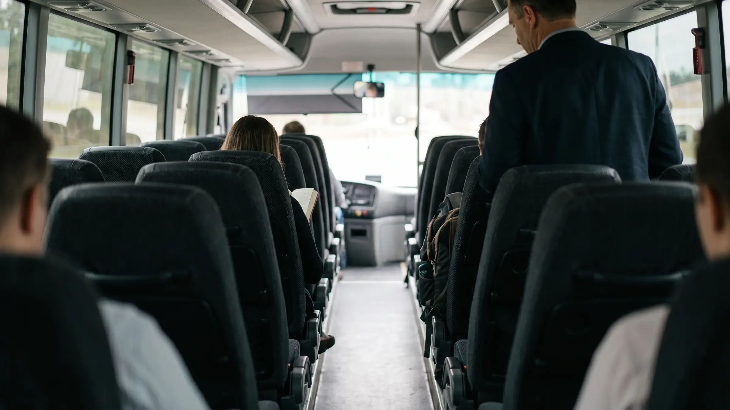 Commuters seated inside a shuttle bus during an estate run