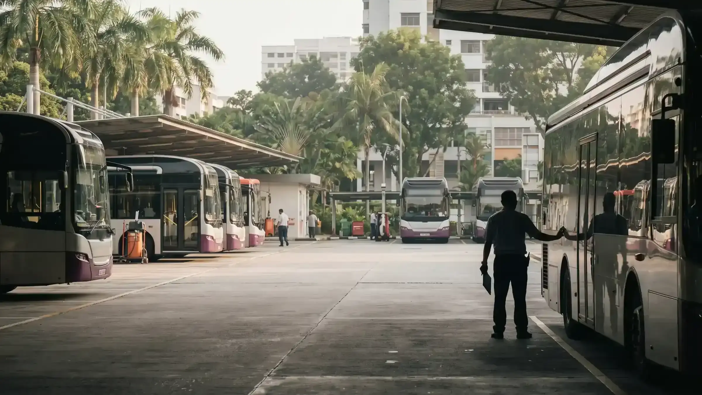 Fleet buses lined up at a depot at morning start-up