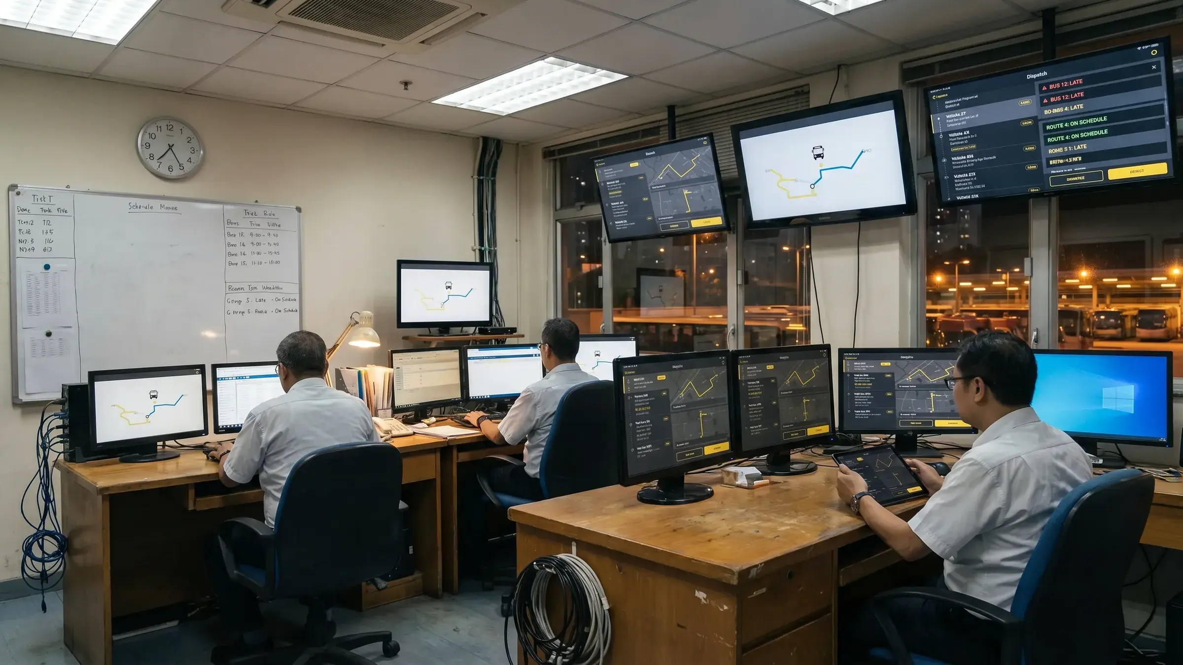 Dispatchers at a live transit operations room with route maps, live-vehicle monitors and incident dashboards