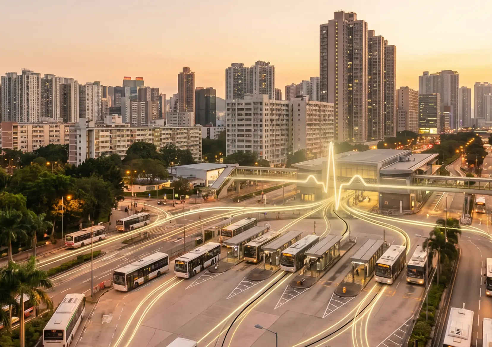 A bus depot at dusk with glowing light trails tracing route connections converging into the interchange