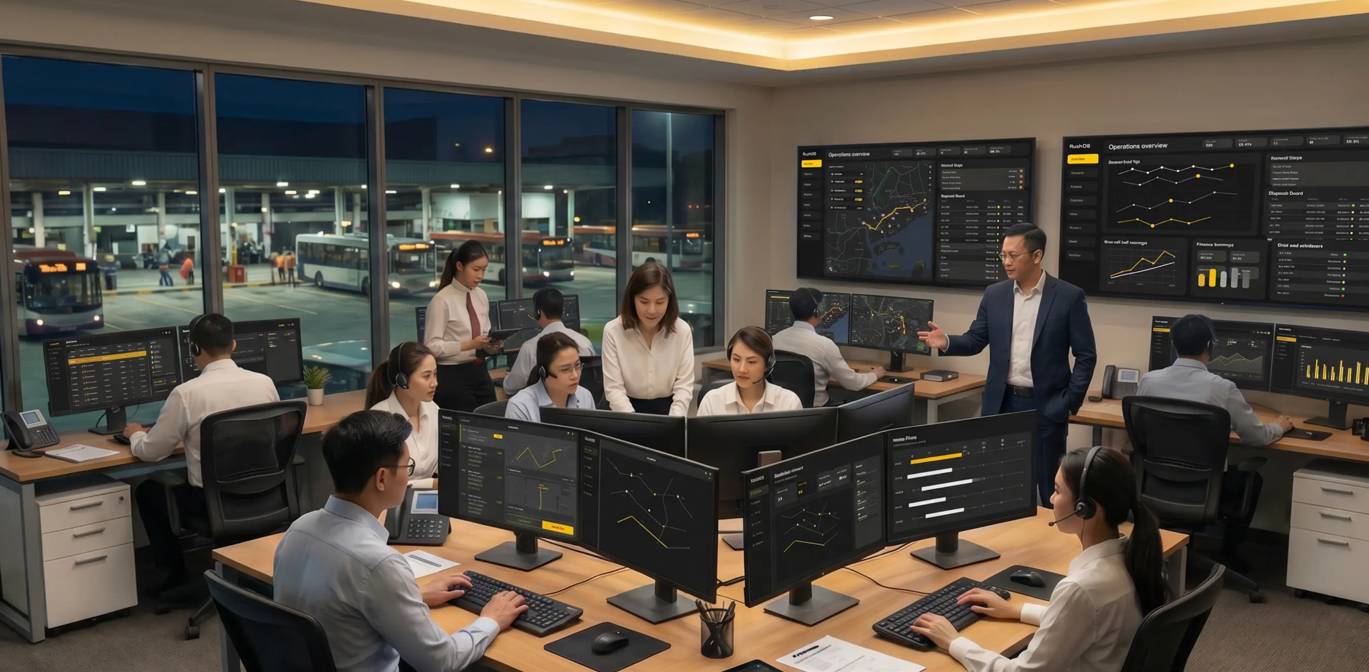 A transport operations team working across the RushOS console with live depot view and fleet dashboards